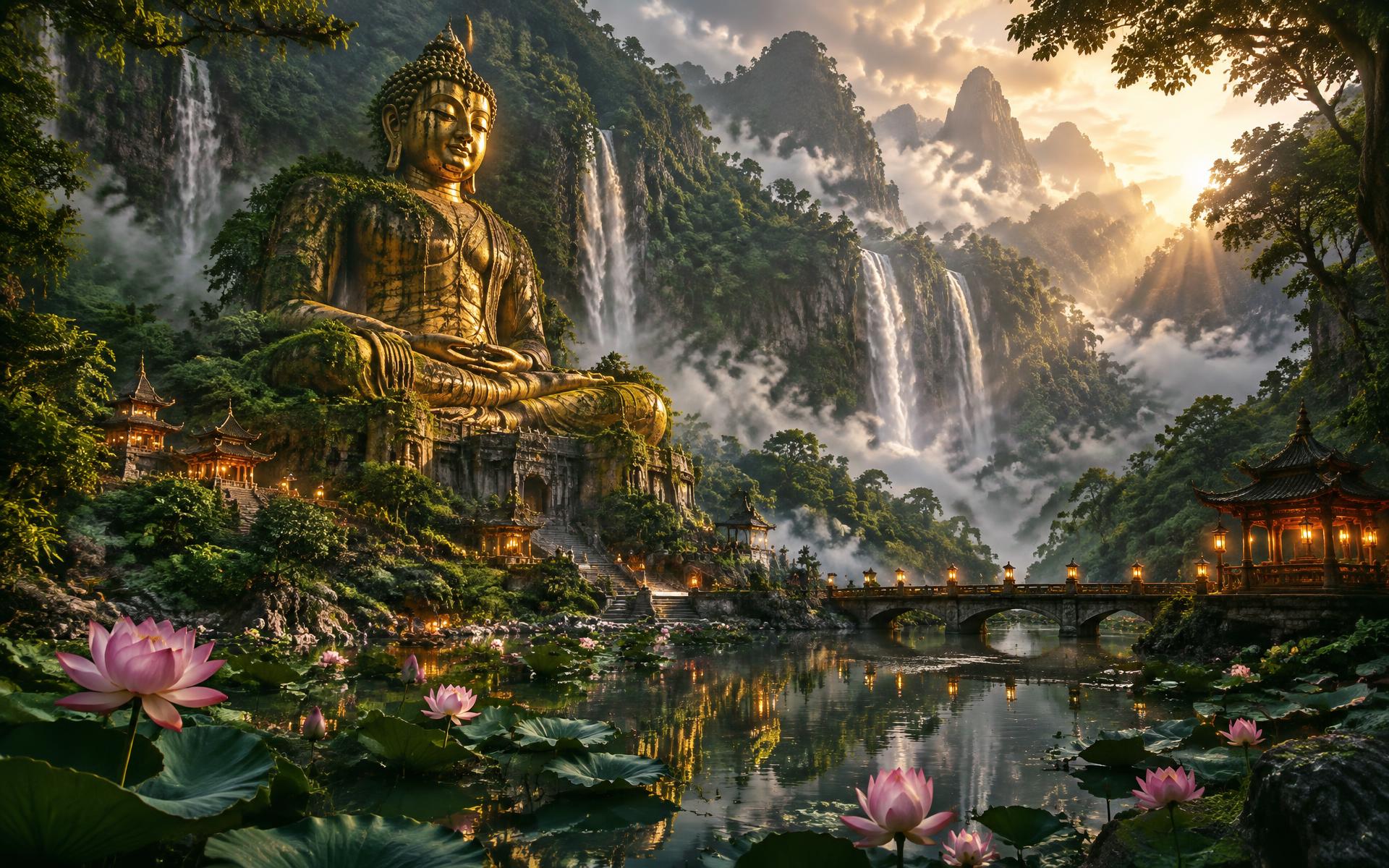 Golden Buddha statue in a misty jungle valley of waterfalls at sunrise